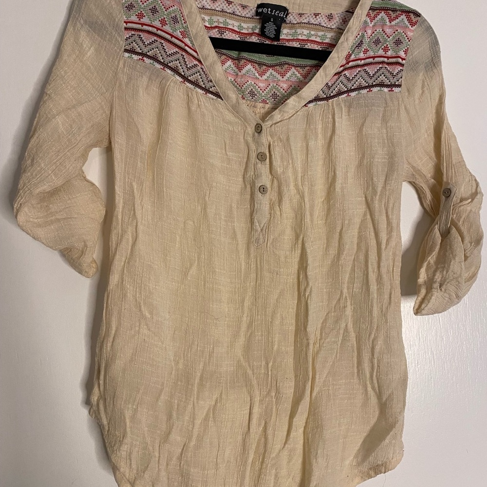 Wet Seal Beige Embroidered Blouse